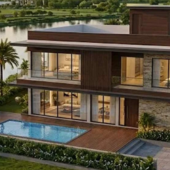 Embassy Riverine villa elevation with pool and timber deck, artist impression