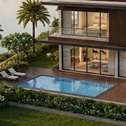 Pool deck and lawn of a Embassy Riverine villa, artist impression