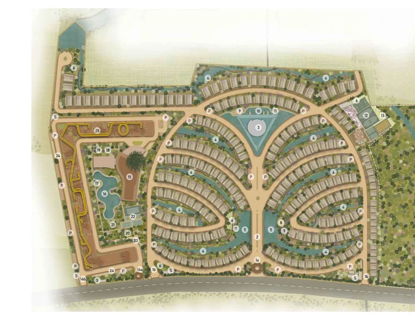 Embassy Riverine master plan within the Embassy Origins township, showing the villa clusters, riparian corridor and central lake